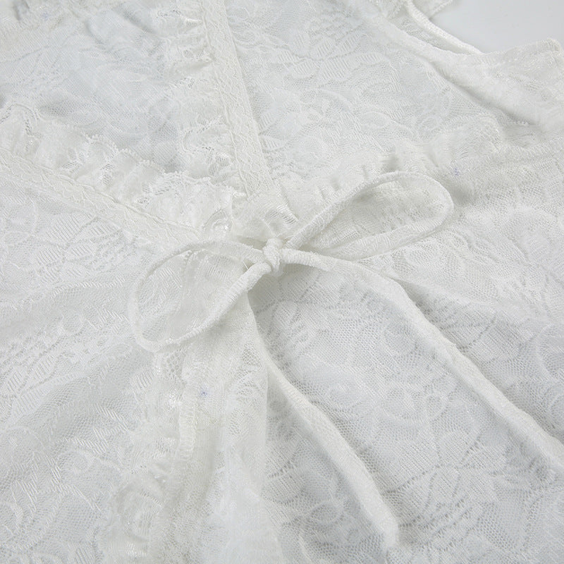 Women Semi Sheer Tie-Up Lace Top