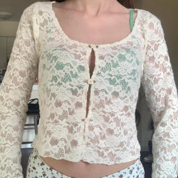 Women Self Design Lace Semi Sheer Crop Top