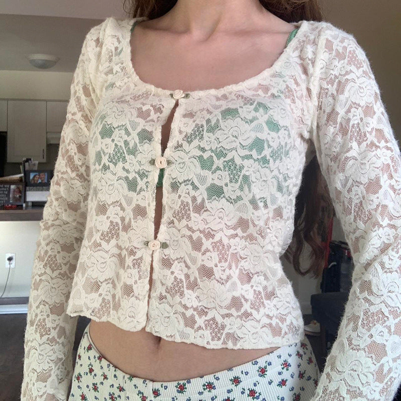 Women Self Design Lace Semi Sheer Crop Top