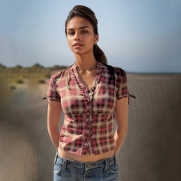 Stylecast X Revolte Women Tartan Checked Mandarin Collar Casual Shirt