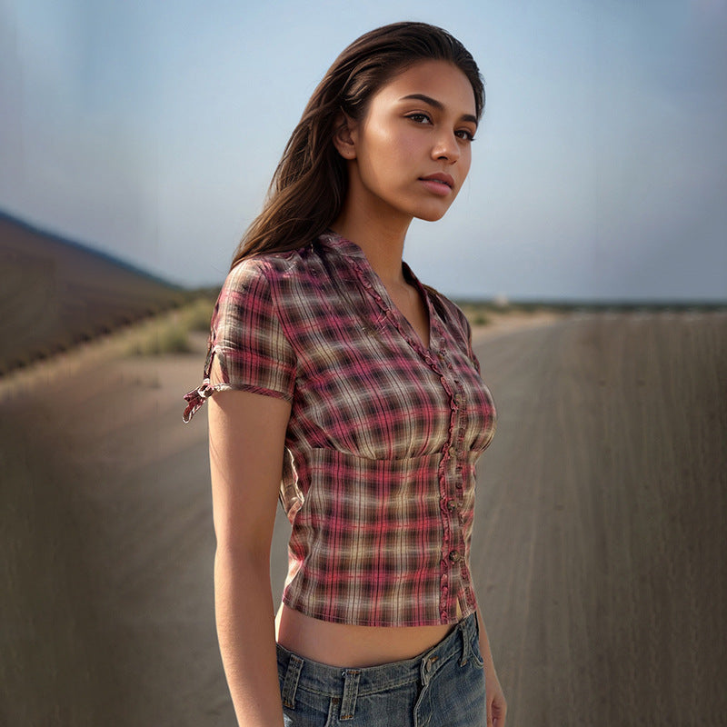 Stylecast X Revolte Women Tartan Checked Mandarin Collar Casual Shirt