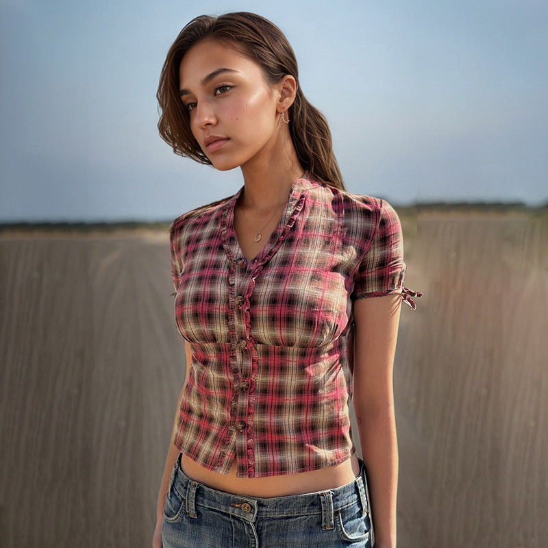 Stylecast X Revolte Women Tartan Checked Mandarin Collar Casual Shirt