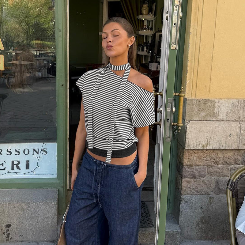 Striped One Shoulder Crop Top
