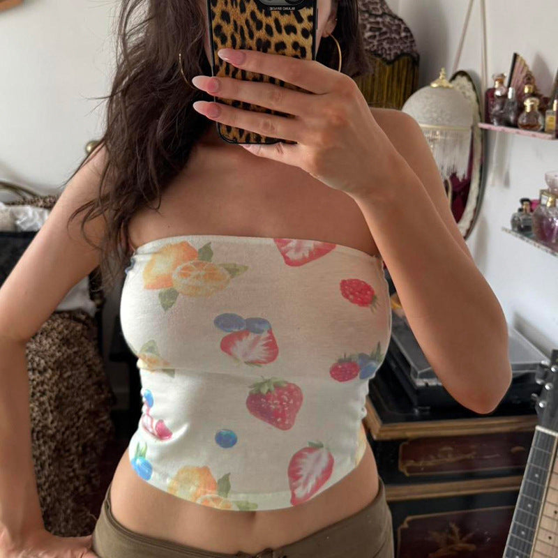 Graphic Print Strapless Crop Top