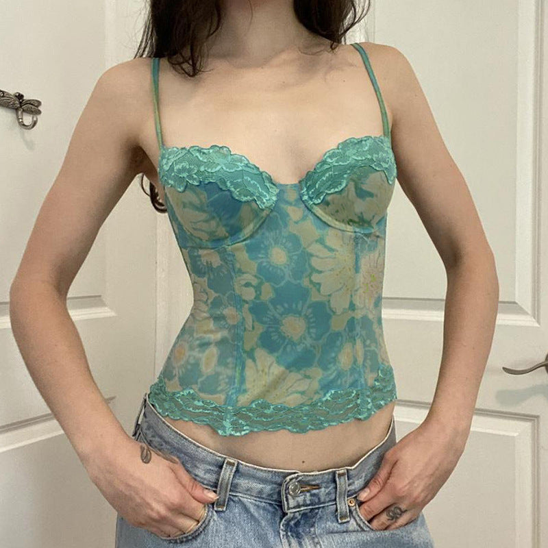Women Floral Print Sweetheart Neck Crepe Crop Top
