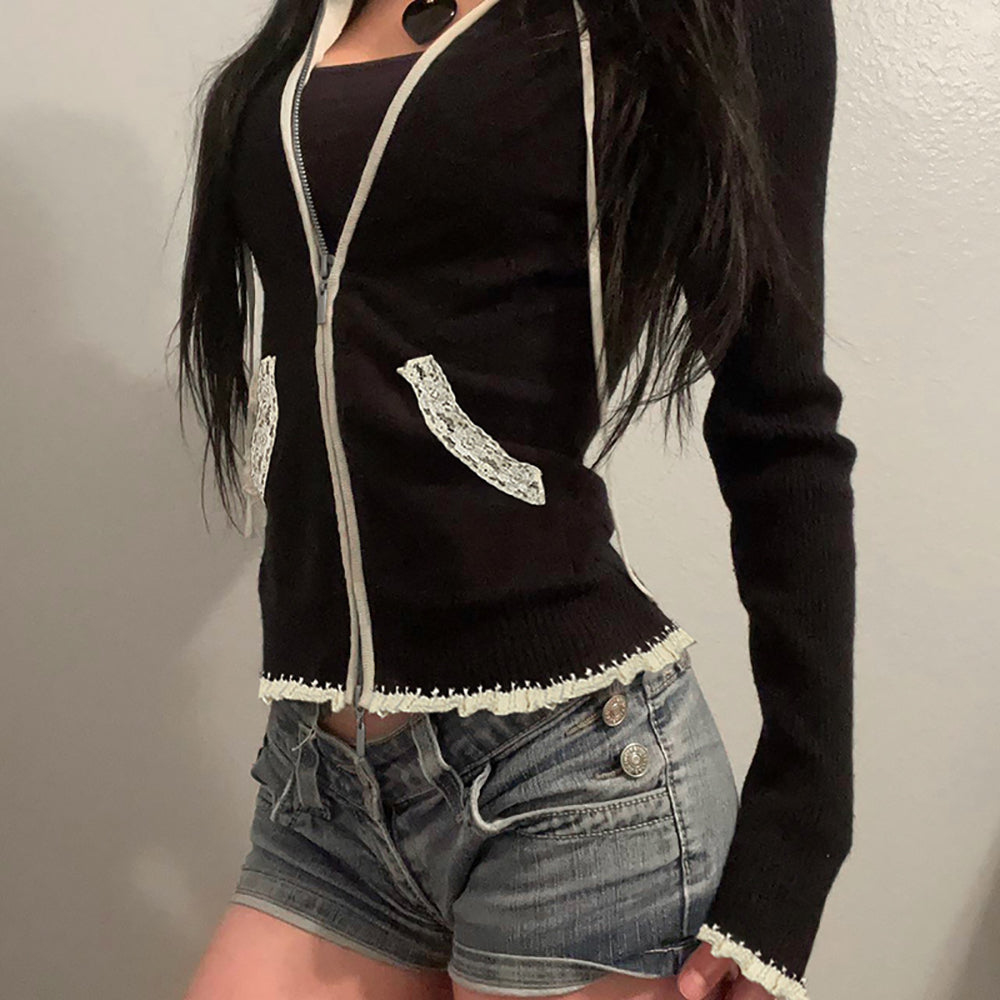 Women Lace Inserts Hooded Sweatshirt