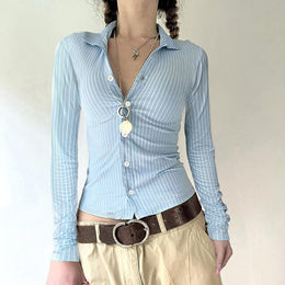 Women Vertical Striped Shirt Collar Top