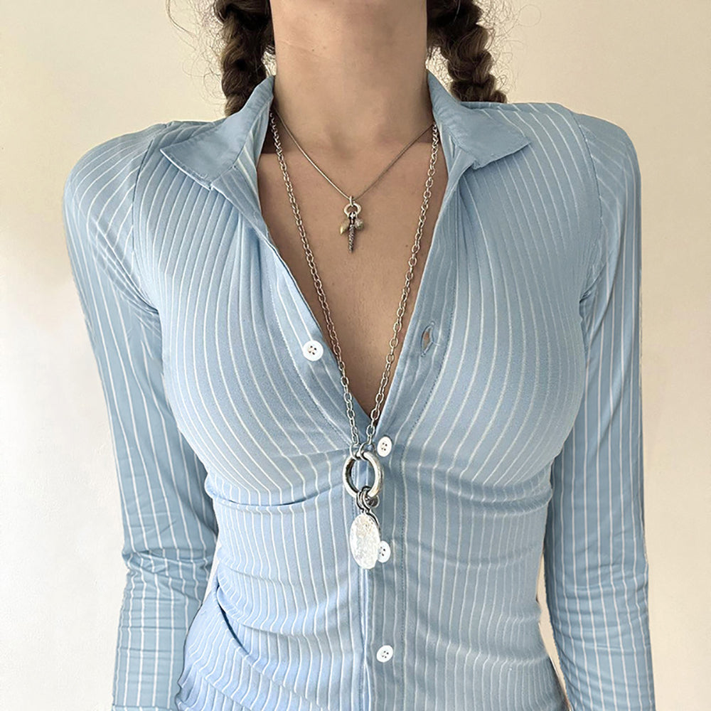 Women Vertical Striped Shirt Collar Top