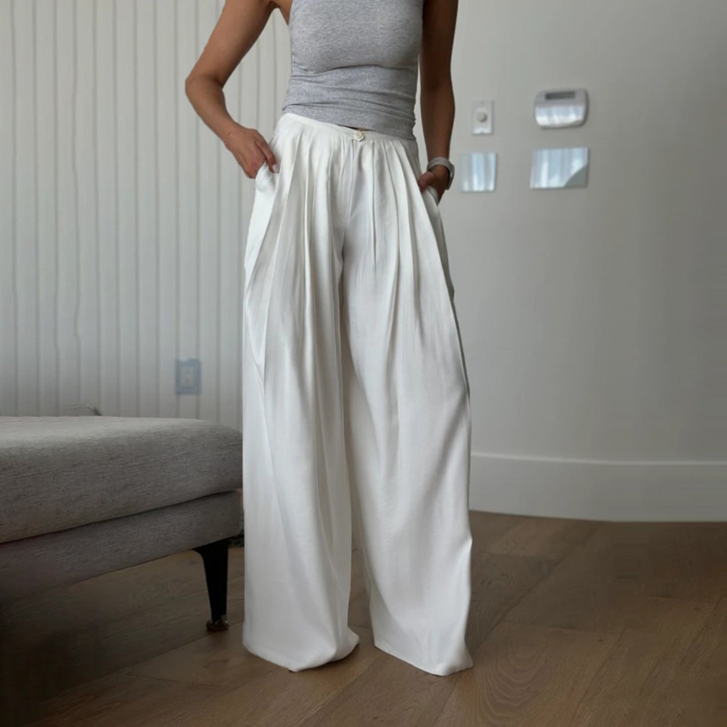 Women Loose Fit Easy Wash Pleated Wide Leg Trousers