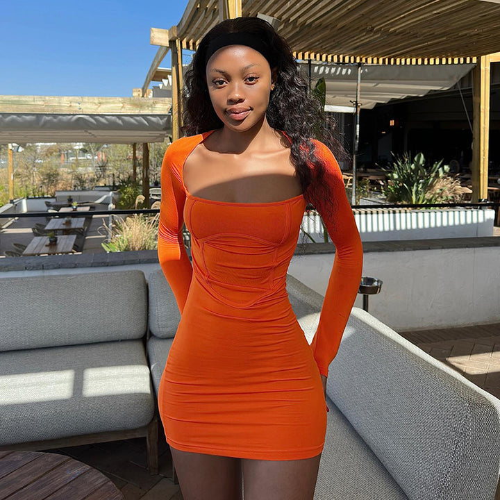 Square Neck Raglan Sleeves Bodycon Mini Dress