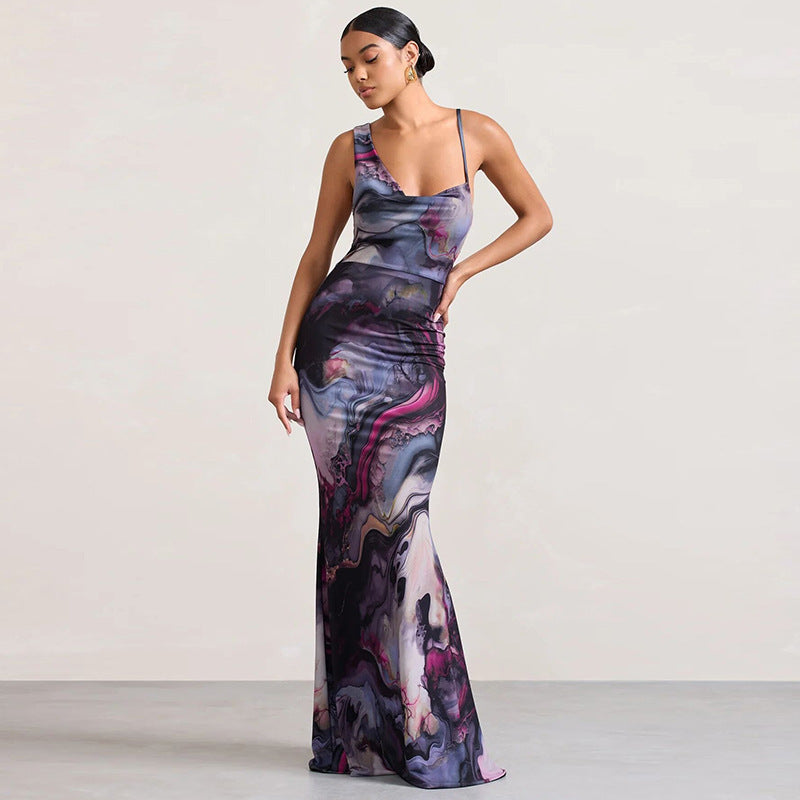 Purple & Black Floral Print Maxi Dress