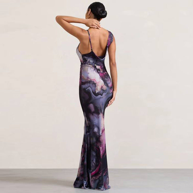 Purple & Black Floral Print Maxi Dress
