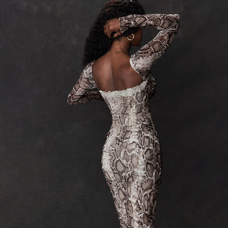 Animal Print Sweetheart Neck Long Sleeves Bodycon Midi Dress