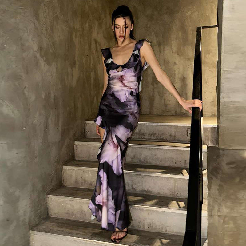 Purple Round Neck Print Maxi Dress