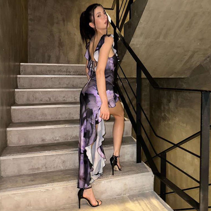 Purple Round Neck Print Maxi Dress