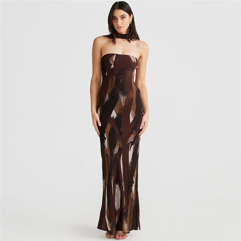 Strapless Tie & Die Print Maxi Dress