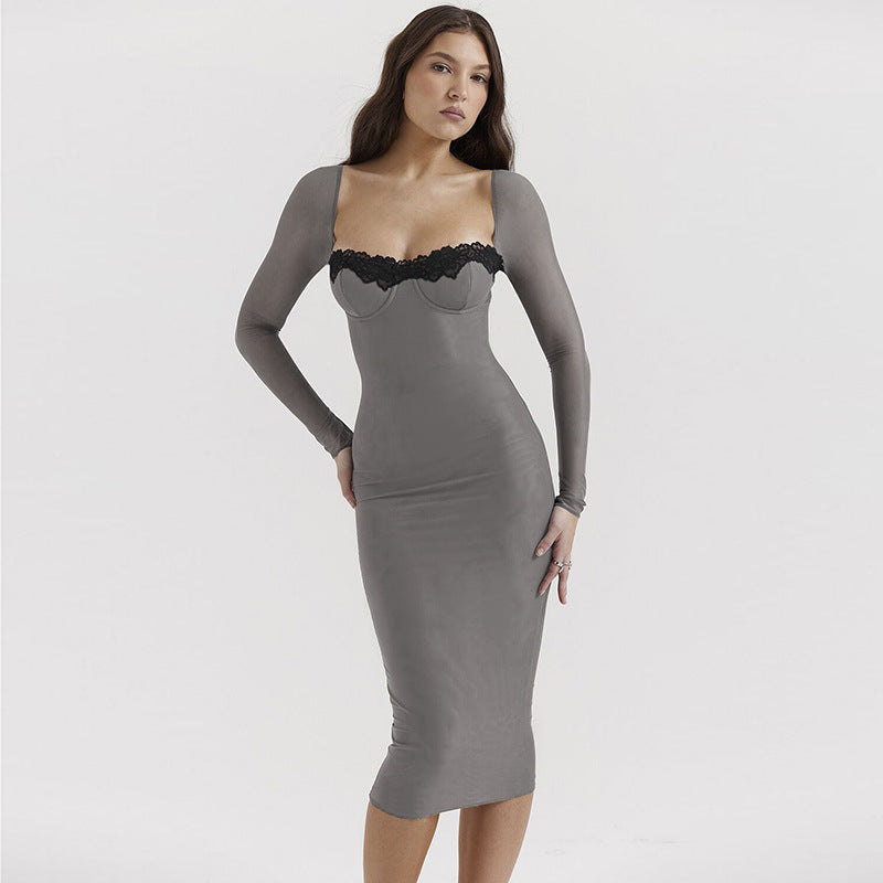 Long Sleeves Sweetheart Neck Applique Bodycon Midi Dress
