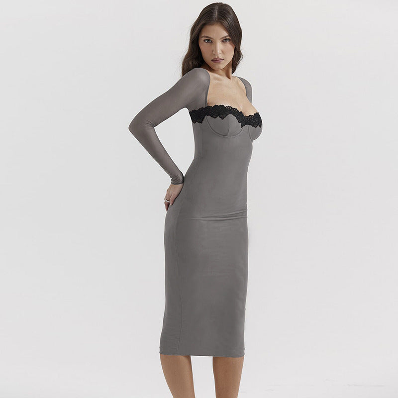 Long Sleeves Sweetheart Neck Applique Bodycon Midi Dress