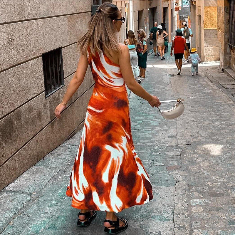 Red Abstract Print One Shoulder Sleeveless Maxi Dress