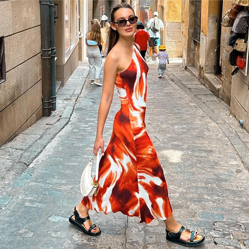 Red Abstract Print One Shoulder Sleeveless Maxi Dress