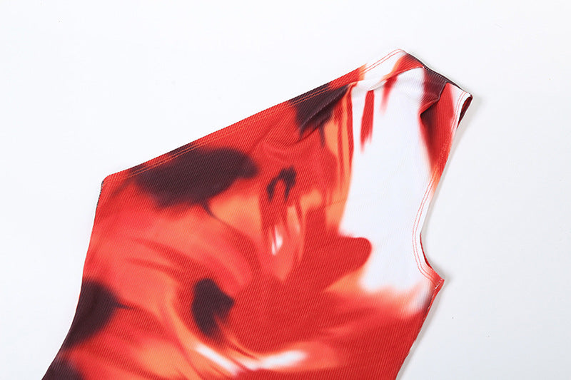 Red Abstract Print One Shoulder Sleeveless Maxi Dress