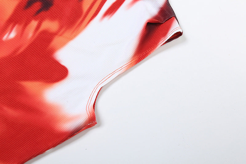 Red Abstract Print One Shoulder Sleeveless Maxi Dress