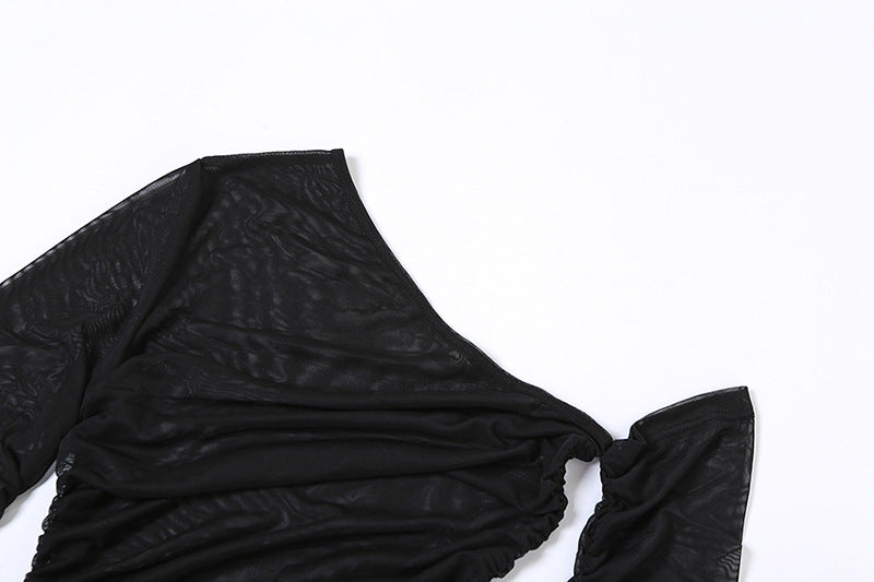 One Shoulder Long Sleeves Semi Sheer Bodycon Dress