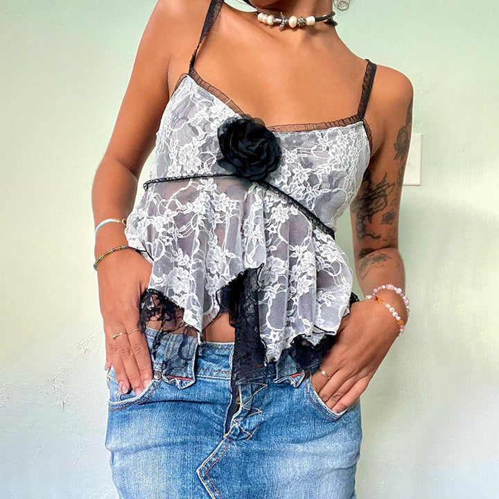 Women Floral Net Lace Insert Semi Sheer CropTop