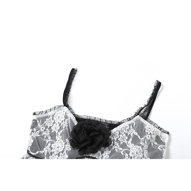 Women Floral Net Lace Insert Semi Sheer CropTop