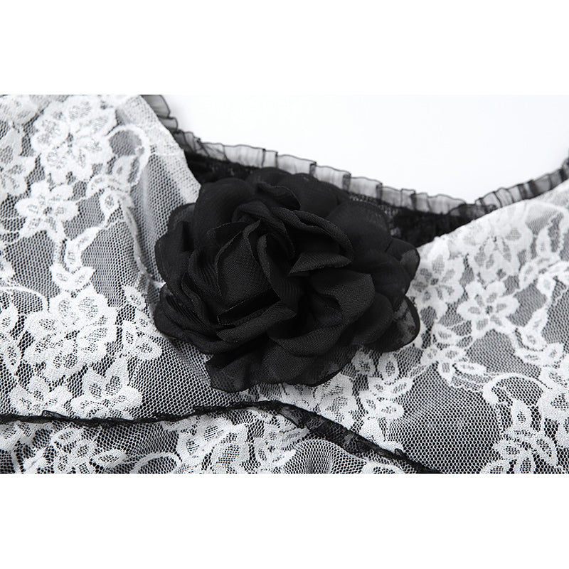 Women Floral Net Lace Insert Semi Sheer CropTop