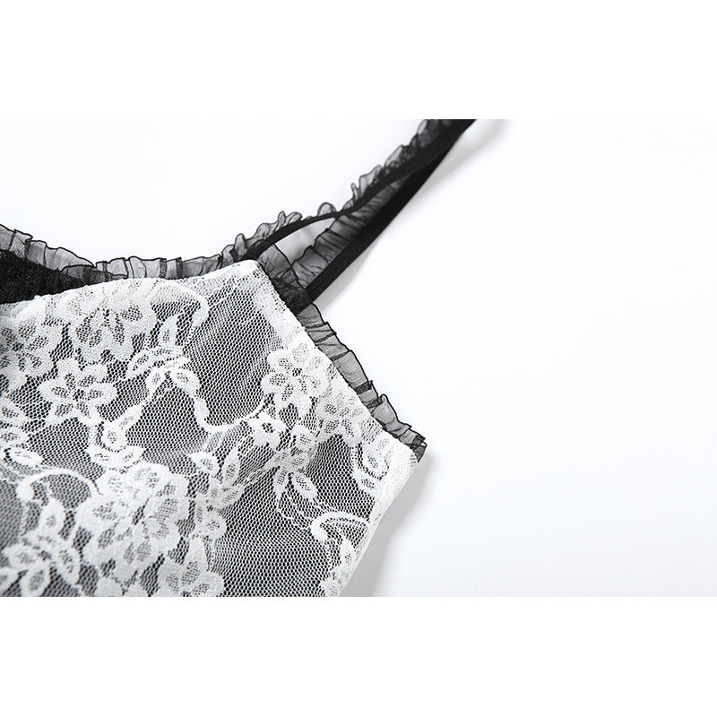 Women Floral Net Lace Insert Semi Sheer CropTop