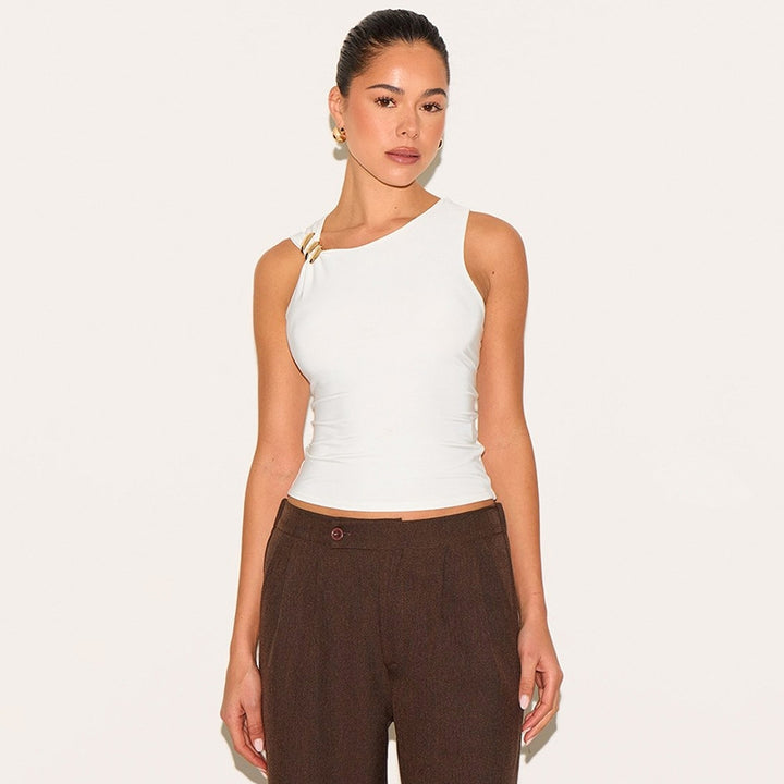 Women Sleeveless Applique Ruched Fitted Top