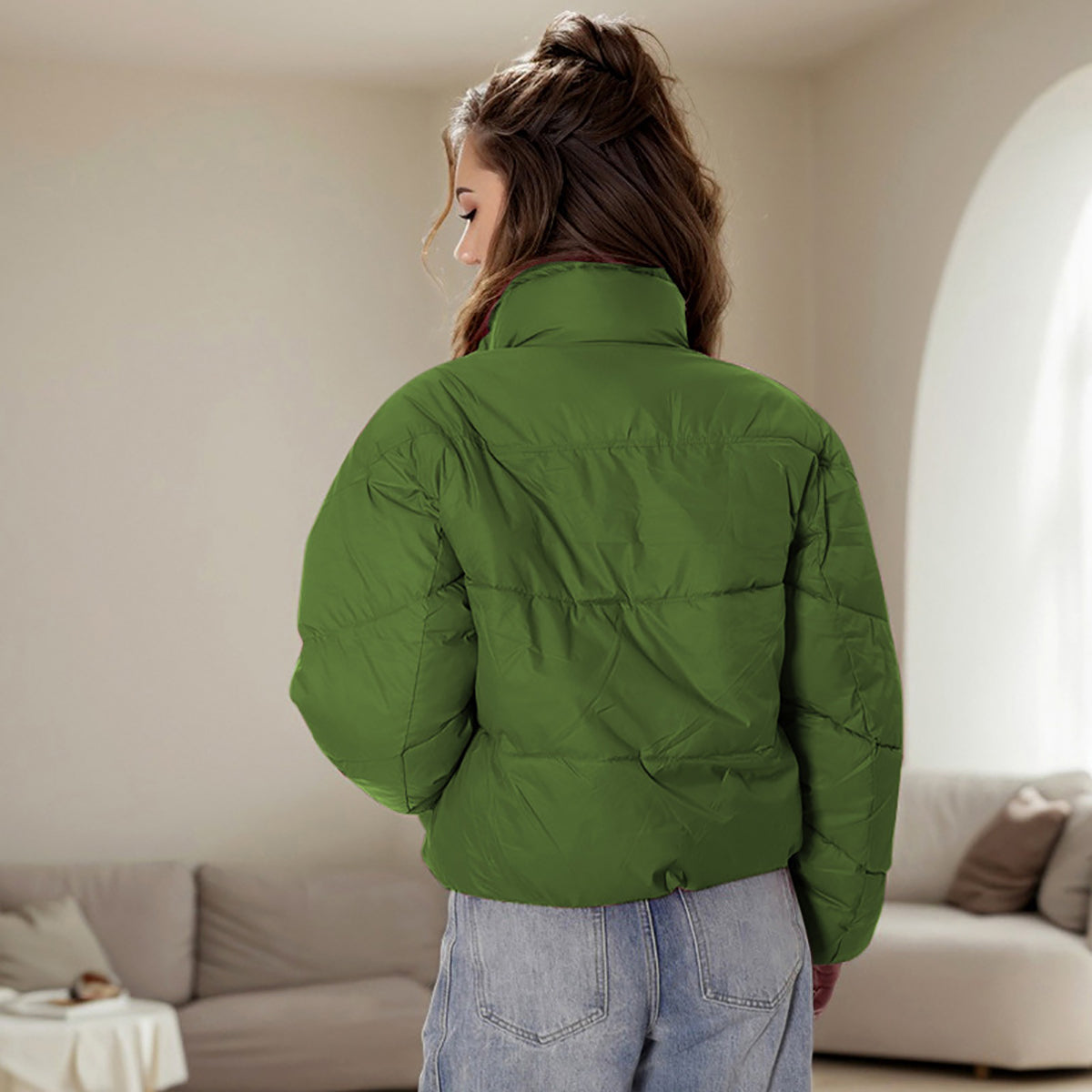 Women Mock Collar Solid Casual Puffer Jacket