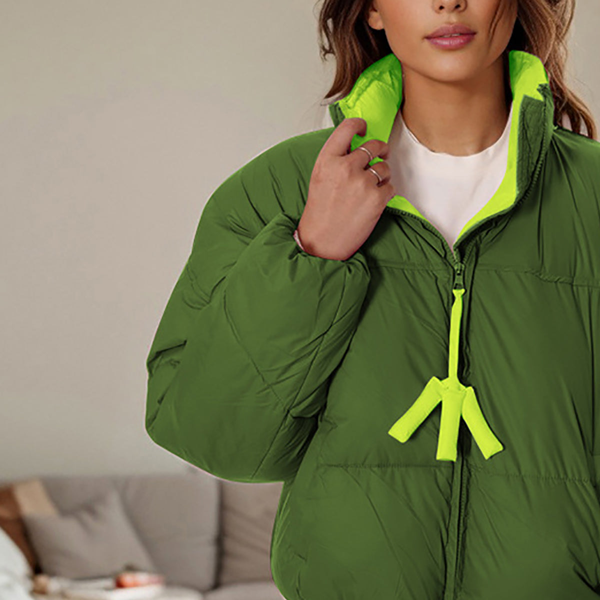 Women Mock Collar Solid Casual Puffer Jacket