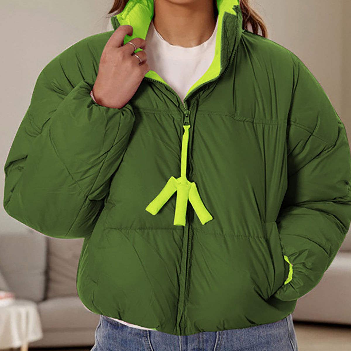 Women Mock Collar Solid Casual Puffer Jacket