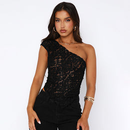 Black One Shoulder Net Top