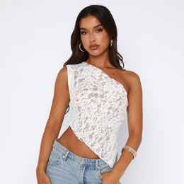Printed One Shoulder Semi Sheer Net Top