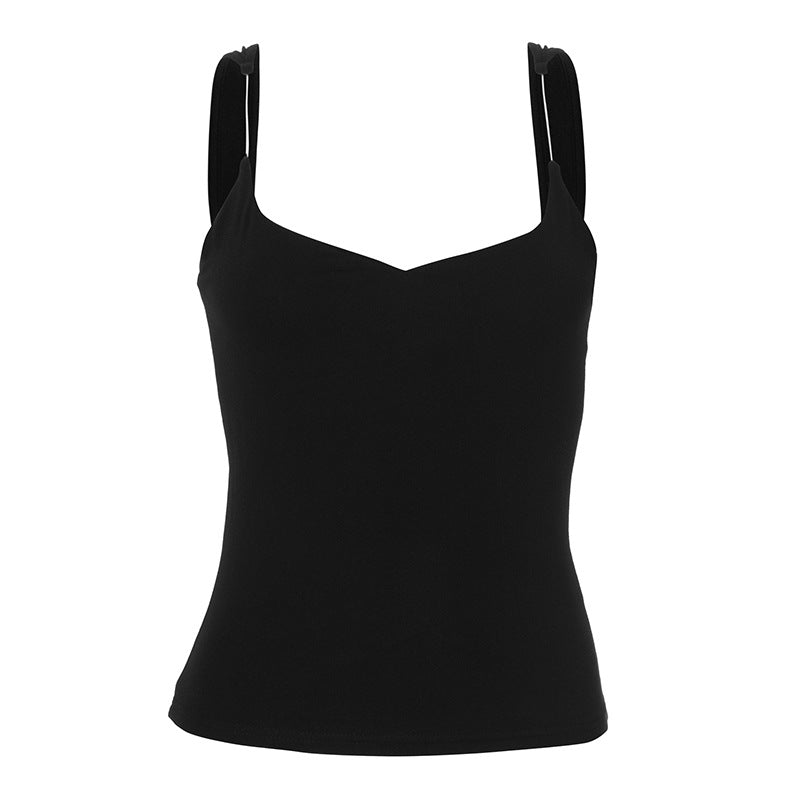 Women Solid Shoulder Straps Polyester Top