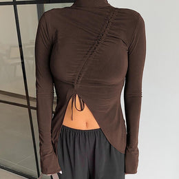 Women High Neck Fitted Top With Tie-Ups Details