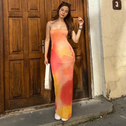 Women Tie and Dye Dyed Strapless Bodycon Maxi Dress