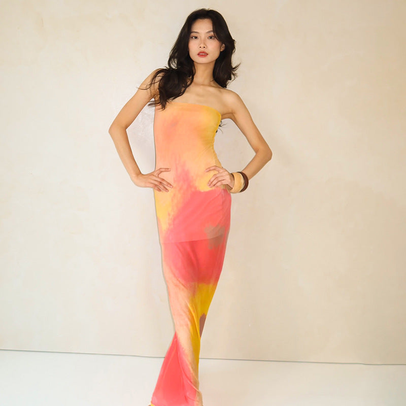 Women Tie and Dye Dyed Strapless Bodycon Maxi Dress