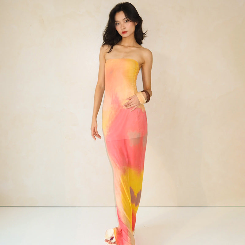 Women Tie and Dye Dyed Strapless Bodycon Maxi Dress