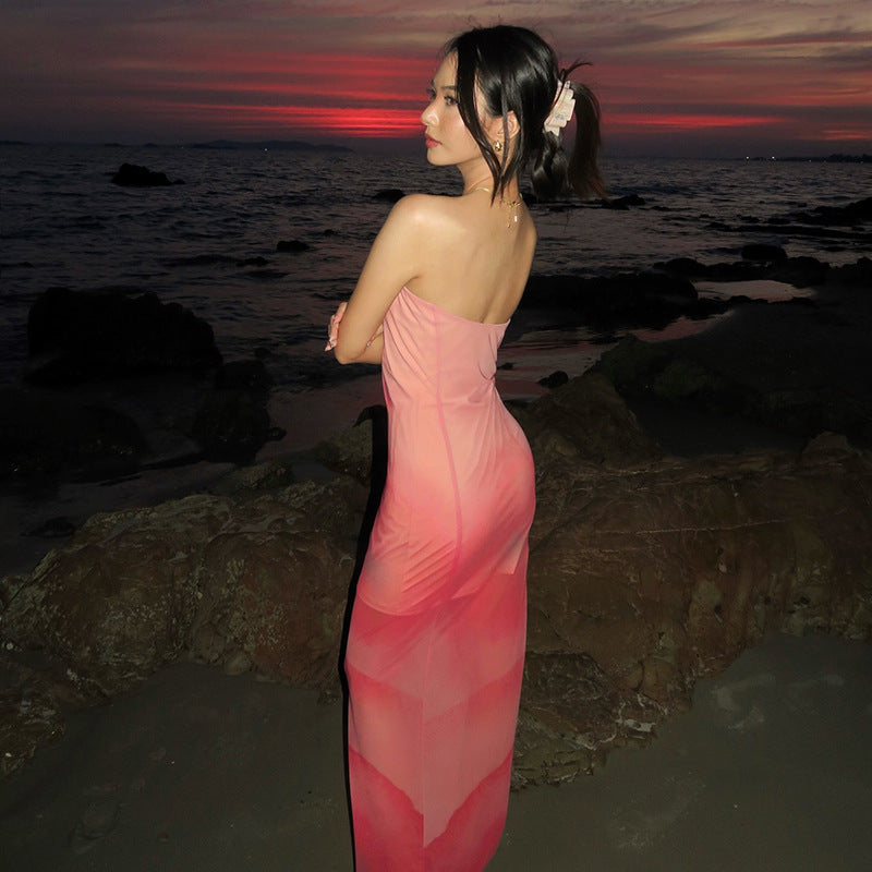 Tie & Dye Dyed Strapless Bandeau Maxi Dress