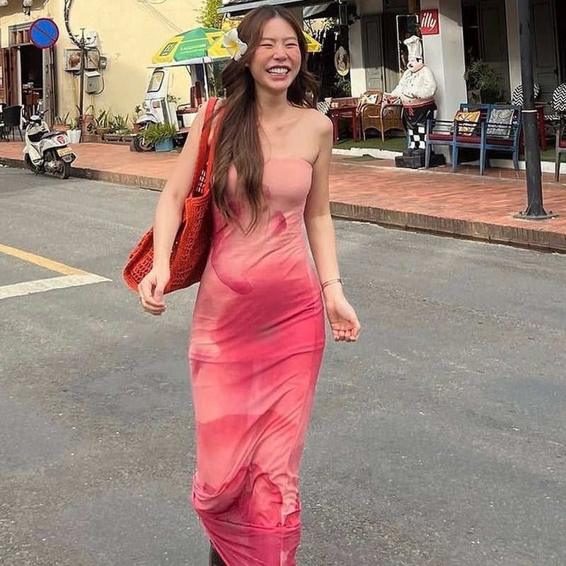 Tie & Dye Dyed Strapless Bandeau Maxi Dress
