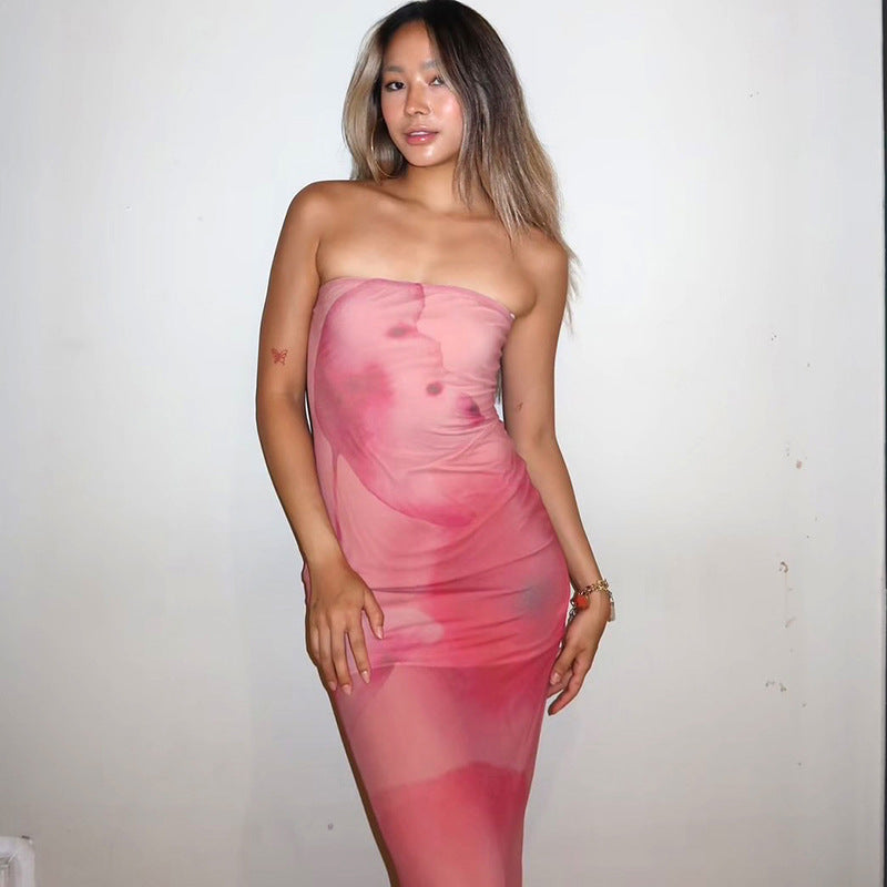 Tie & Dye Dyed Strapless Bandeau Maxi Dress