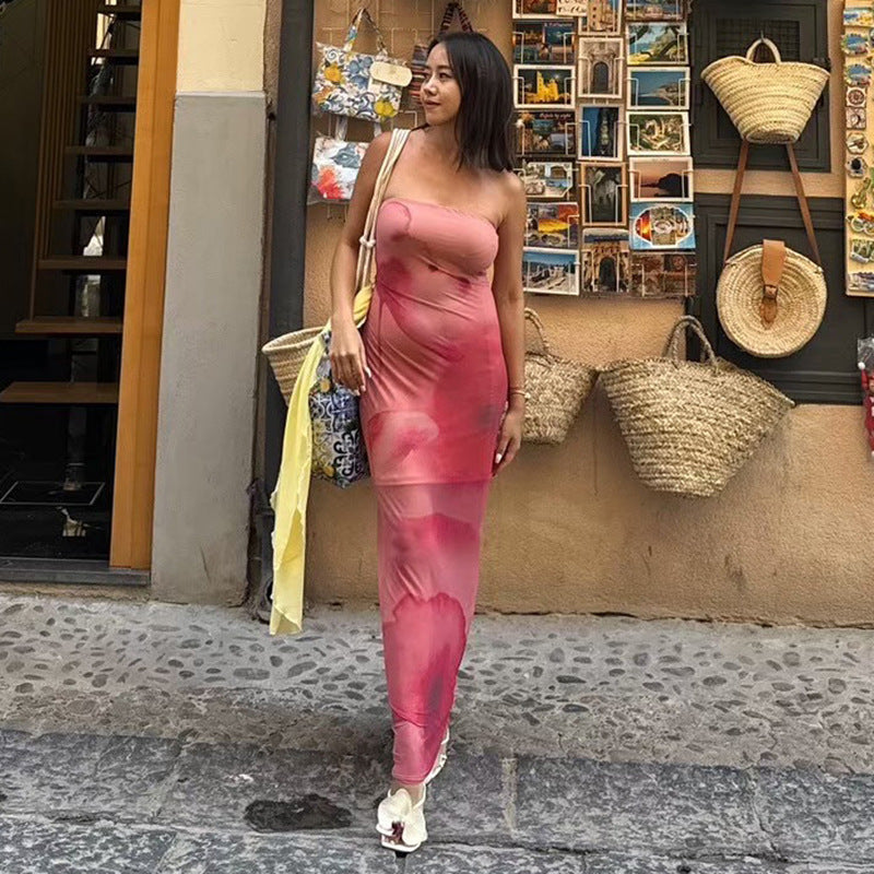 Tie & Dye Dyed Strapless Bandeau Maxi Dress