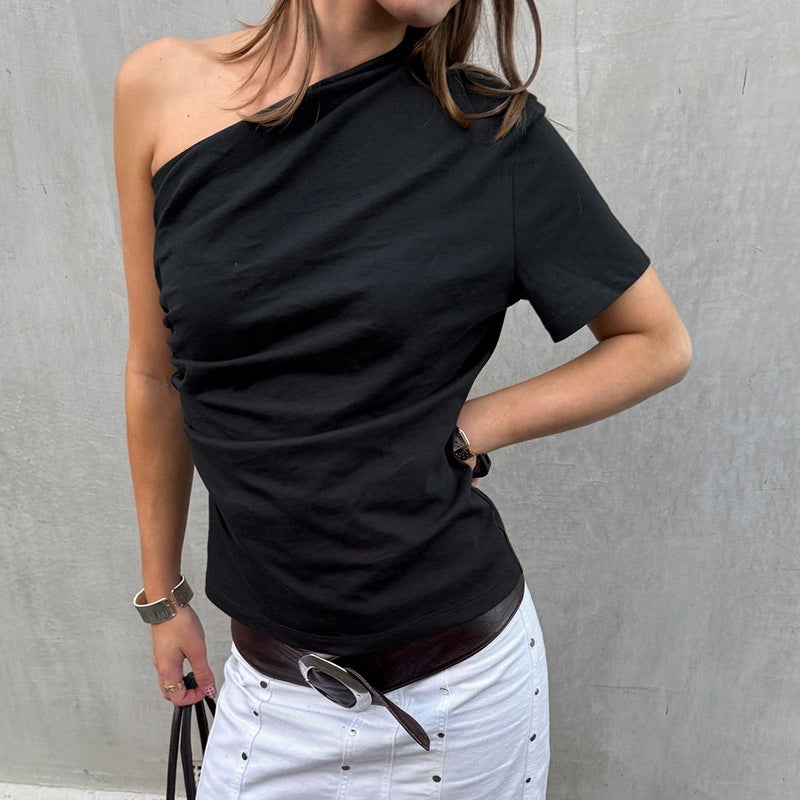 Women One Shoulder Pleated Cotton Top