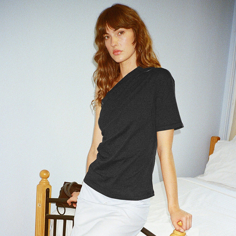 Women One Shoulder Pleated Cotton Top