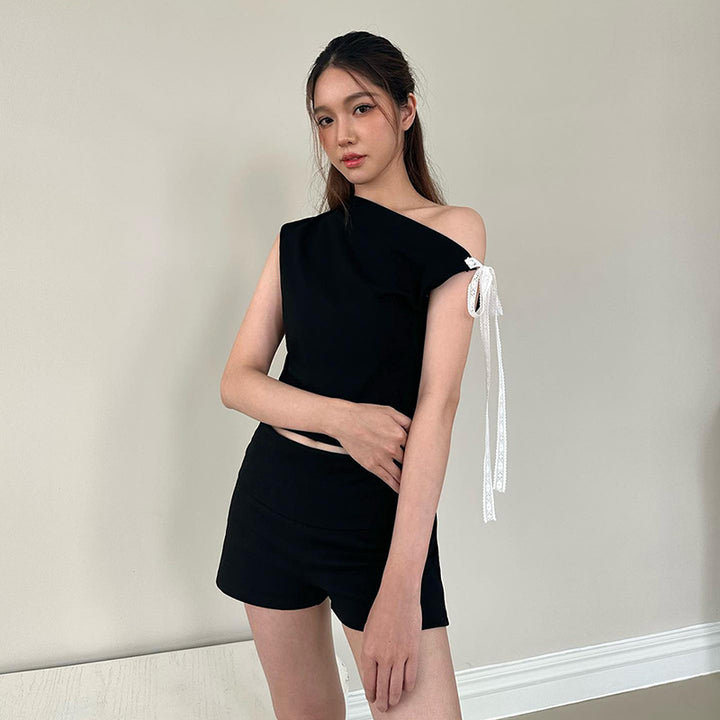 Black One Shoulder Georgette Top
