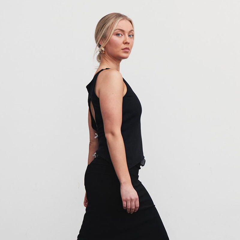 Black Boat Neck Cut Out Top